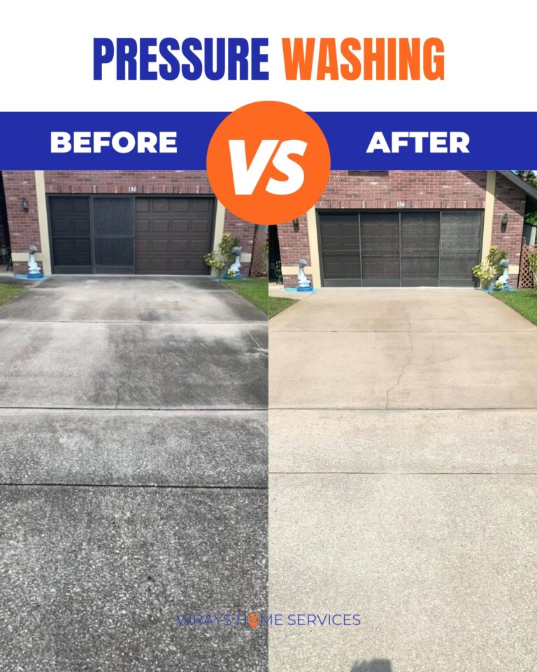 Before and after of residential driveway cleaned by pressure washing services near me in Central Florida