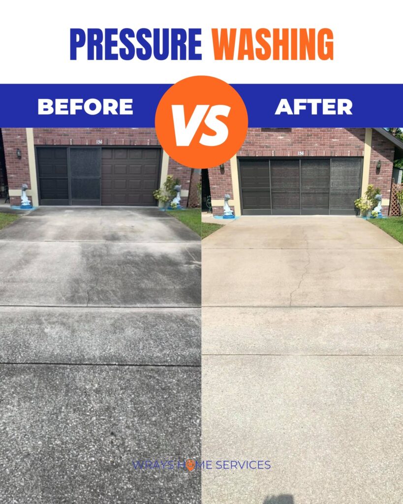 Before and after of residential driveway cleaned by pressure washing services near me in Central Florida