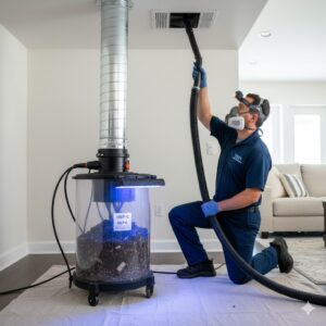 Professional air duct cleaning in Central Florida by Wray's Home Services using a high-powered HEPA vacuum system to remove dust and allergens from home vents